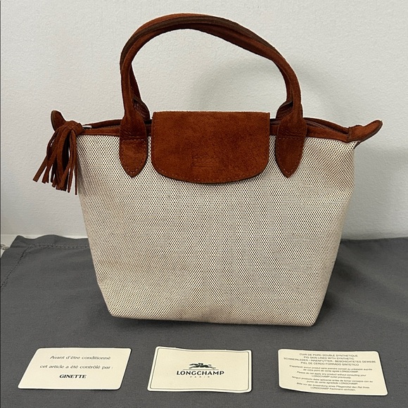 Vintage Longchamp Paris Cream Canvas Tote with Brown Suede Trim and Tassel - Picture 3 of 13